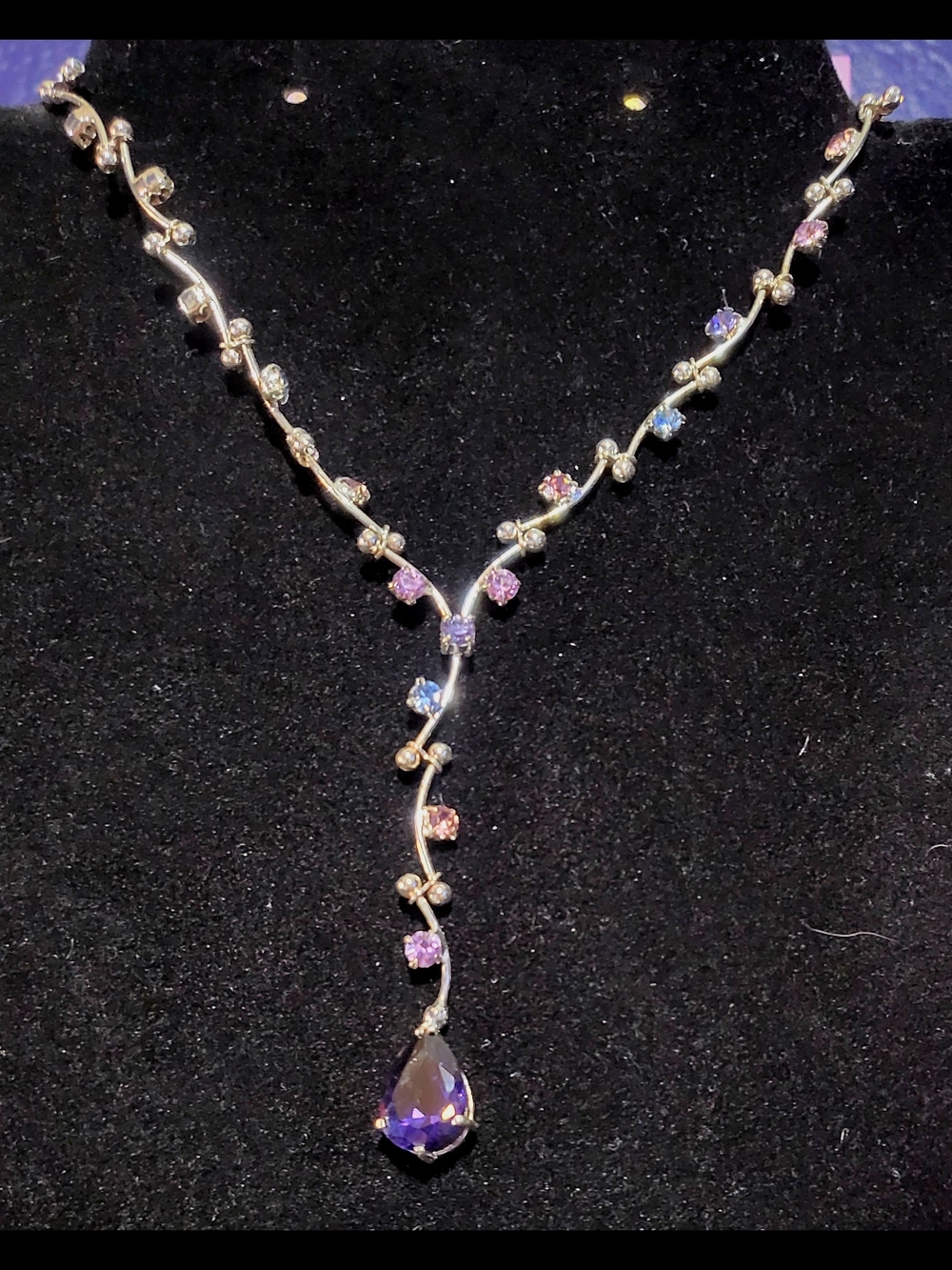 18" Whimsical Monet Silver Tone Y Drop Necklace Purple Pink Crystal Teardrop